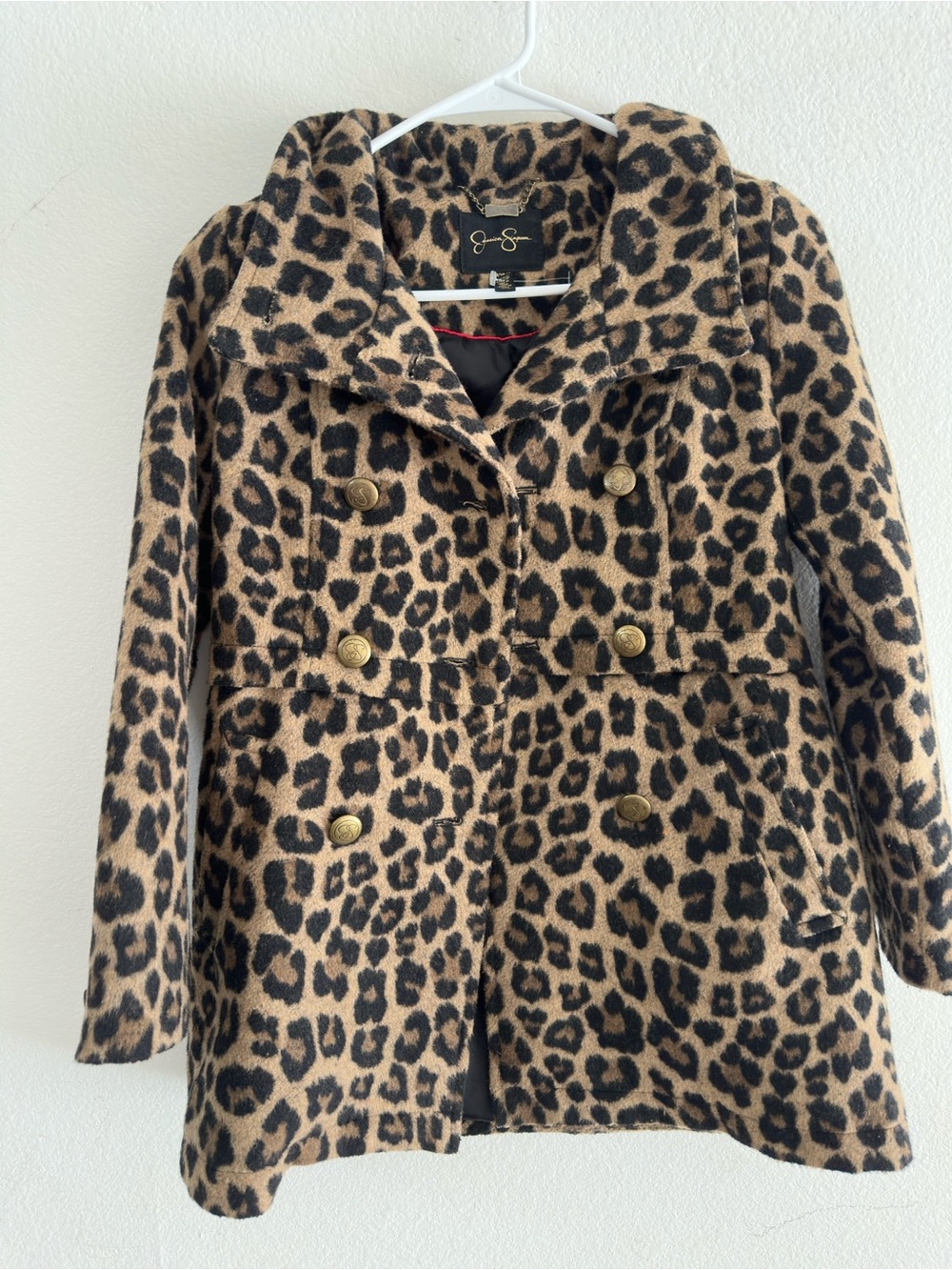Jessica Simpson Leopard Print Double-Breasted Peacoat - Tan & Black